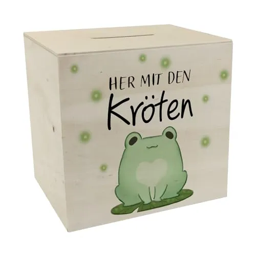 Frosch Spardose aus Holz mit Spruch Her mit den Kröten EIN buntes Sparschwein zum Sparen Teenager süße Kawaii Sparbüchse Kinder Comic Kinderzimmer witziges niedlich Kröte
