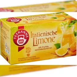 Teekanne Tee Italienische Limone, 20 Teebeutel, 50g - Früchtetee mit erfrischendem Limone-Geschmack und süßem Honig-Aroma. Ideal für eine belebende Auszeit, einfach in 100°C heißem Wasser ziehen lassen.