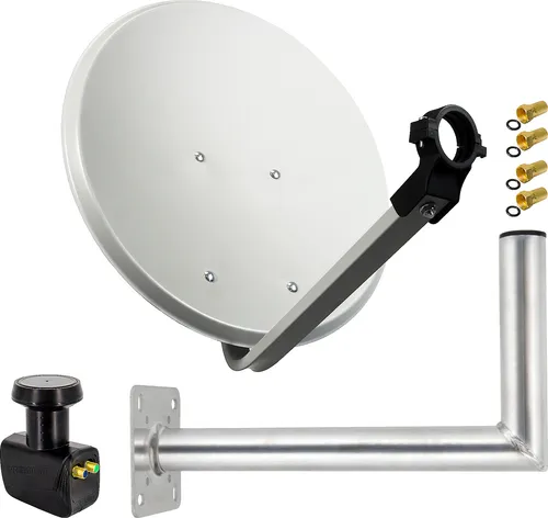 Premium X SAT Anlage 45cm Hellgrau - Satellitenantenne mit Twin LNB - SAT-Antenne 45 cm in Hellgrau, pulverbeschichtet und korrosionsgeschützt. Ideal für 2-Teilnehmer-Systeme, unterstützt 4K Ultra HD, 3D und Full-HD. Inklusive wasserdichtem Twin LNB und stabiler Wandhalterung.