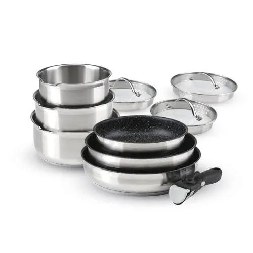 Qdesign 10-Teiliges Induktionskochgeschirr Set - Pfannenset aus Edelstahl mit 3 Töpfen, 3 Antihaftpfannen und abnehmbarem Griff für platzsparendes Kochen. Ideal für gesunde Gerichte mit einfacher Reinigung und effizienter Wärmeverteilung.