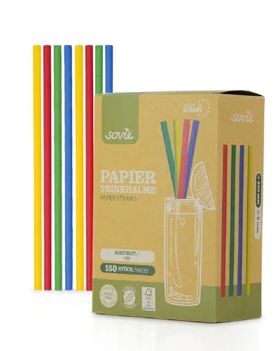 Sovie Strohhalme Papier Bunt - Trinkhalme Plastikfrei - FSC-zertifiziert, Made in Europe, Biologisch Abbaubar - Ø8mm - 20cm Länge - 150 Stück