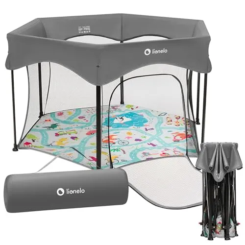 LIONELO Roel Laufstall Baby bis zu 15 kg, Großformat 118 x 118 x 83 cm, sechseckige Form, LockGuard Faltschloss, verstärkte Basis, rutschfeste Fußkappen, Schutztasche (Grau)