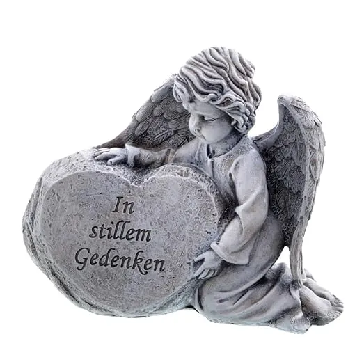 mucHome Grabdekoration Engel mit Herz 'In stillem Gedenken' oder Kreuz mit Rose Grau Friedhofsdeko Grab Grabschmuck Gedenkstätte (Engel mit Herz 19cm Breit 16cm Höhe)