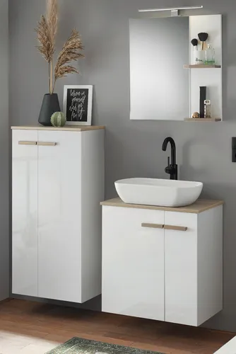 Furn.Design Badmöbel-Set Dense, 5-teilig in Weiß Hochglanz & Eiche - Badmöbel-Set Dense, stilvoll und funktional, inklusive Waschbecken und Beleuchtung. Ideal für moderne Badezimmer mit FSC®-zertifiziertem Holzwerkstoff.