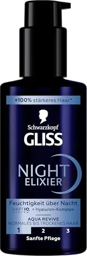 Gliss Night Elixier Aqua Revive (100 ml), Haarserum versorgt normales bis trockenes Haar im Schlaf mit Feuchtigkeit, Haarpflege repariert das Haar langanhaltend