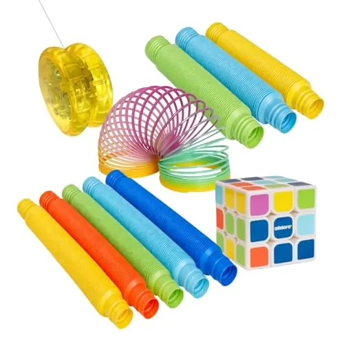 alldoro 68771 Fidget Toy Set 11-teilig mit Treppenläufer, Zauberwürfel, LED-JoJo & Pop-Tubes, Fidget Toy Klassiker ab 4 Jahre