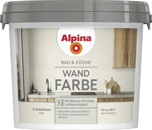 Alpina Bad & Küche Wandfarbe Kreidefelsen – Matte Innenfarbe für Feuchträume - Küchen- & Badezimmerfarben: Hochwertige, tropfgehemmte Farbe mit hoher Deckkraft für ein harmonisches Gesamtbild in Bad und Küche. Ideal für stark beanspruchte Bereiche.