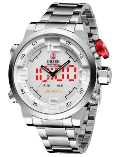 Alienwork DualTime Analog-LED Armbanduhr Herren Damen Silber Edelstahl Metallarmband Kalender Weiss Multi-Funktion Multi Zeitzonen