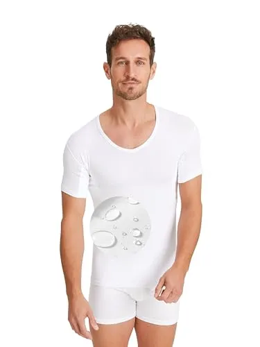 FINN Herren Anti-Schweiß Shirt mit Achselpads – V-Ausschnitt Weiß S - Optimales Schutzshirt für Herren: Minimiert Schweißflecken dank wasserabweisender StayDry Technologie und bietet 100% Schutz durch spezielle Achselpads. Ideal für den ganzen Tag – für ein sicheres und angenehmes Tragegefühl.
