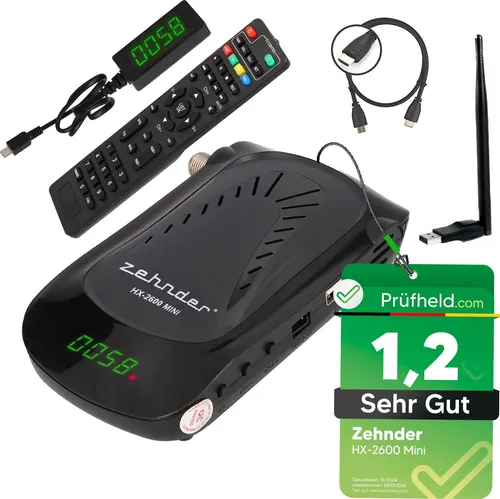 Zehnder HX 2600 Mini Digital Sat Receiver + HDMI Kabel + WiFi Stick, mit Aufnahmefunktion, für Satellitenschüssel Satelliten Fernseher, HD-Receiver Satelliten-Receiver