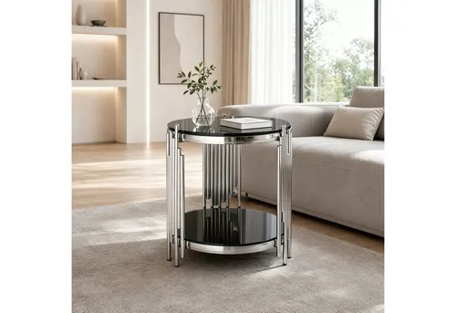 OKWISH Runder Glas-Endtisch 45x45x55 cm mit Edelstahlbeinen