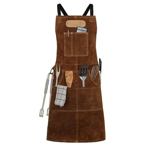 Black Forest Fox ROUGH Arbeitsschürze aus Büffel Wild Leder - Grillschürze aus robustem Rindspaltleder, extra lang für optimalen Schutz bis zum Knie, variabel von M bis XXL, mit 6 praktischen Taschen für Werkzeuge und einem komfortablen X-Riemen Design.