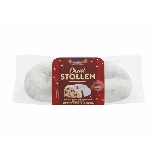 Kuchenmeister Christstollen 500g - Kekse & Kleingebäck, traditioneller Christstollen mit feinem Puderzucker und einer köstlichen Füllung aus Rosinen und kandierten Früchten, ideal für die Weihnachtszeit.