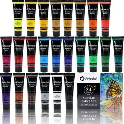 Artecho Acrylfarben Set 24 x 36 ml Tuben – wasserfest & schnelltrocknend, kräftige Farben für Papier, Leinwand, Holz & Stein