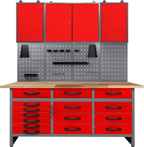 Ondis24 Werkstatt Set Konny 160 cm - 3 Schränke in Rot - Werkstatteinrichtung mit stabiler Werkbank und 3 praktischen Schränken, ideal für optimale Aufbewahrung und Ordnung in Ihrer Werkstatt.