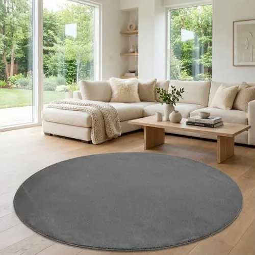 Jimri Flauschiger Teppich Läufer - Hochwertiger Kurzflor für Zuhause, Büro, Küche, Eingang, Flur, Wohnzimmer - Maschinenwaschbar - Rutschfester Teppich Waschbar - 80 cm Rund - Anthrazit