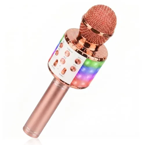 ShinePick Mikrofon Kinder Bluetooth, 4-in-1 Drahtloses Karaoke Mikrofon, Tragbare LED Microphone Spielzeug ab 4-12 Jahre, Heim KTV Karaoke Gerät kompatibel mit iOS Android PC(Roségold)
