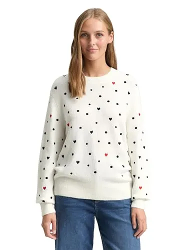 TOM TAILOR Denim Damen 1049088 Relaxed Fit Strickpullover mit Stickereien, 39151-White Black Dots and Hearts, XXL