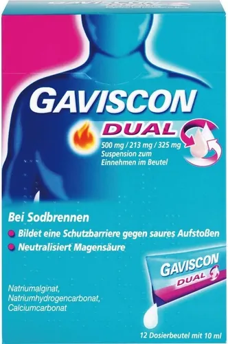 Gaviscon Dual 500mg/213mg/325mg 120 ML - Effektive Linderung bei Sodbrennen - Arzneimittel zur Behandlung von säurebedingten Refluxsymptomen. Bildet eine Schutzschicht über dem Mageninhalt und neutralisiert überschüssige Magensäure für bis zu 4 Stunden.