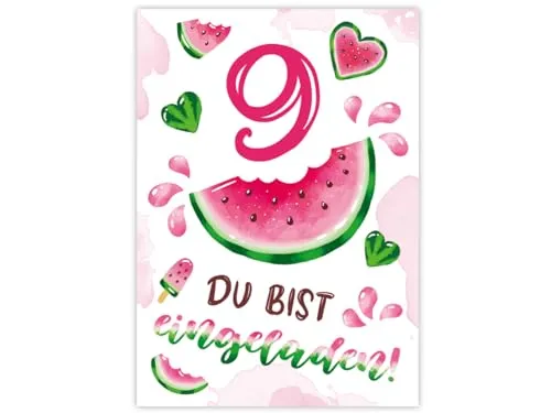 Minkocards 12 Einladungskarten zum 9. Kindergeburtstag Mädchen Wassermelone Einladung neunte Geburtstag Mädchengeburtstag Geburtstagseinladungen