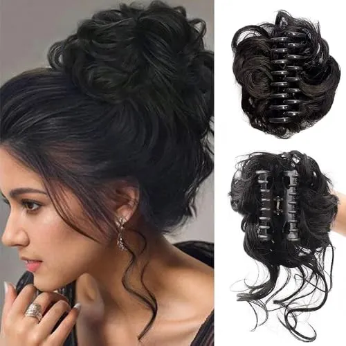 FDEETY Haarschmuck Dutt Haarteil Echthaar Wellig Lockig Haardutt Haarverlängerung Hochsteckfrisur Clip in Claw Pferdeschwanz Haarteile Haar Scrunchies für Damen(Schwarz)