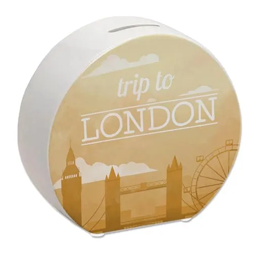 Spardose mit schönem Motiv und Text - Trip to London in gelb Spardose für den nächsten Städtetrip nach London als Geschenk für Menschen die gerne und viel um die Welt Reisen