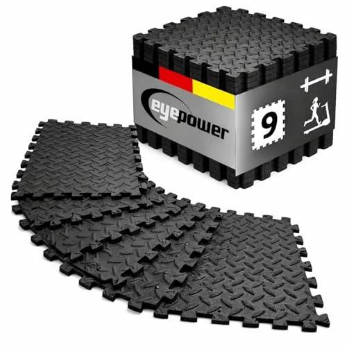 eyepower Bodenschutzmatten 0,8 m² – 9er Set Fitness Bodenmatten 30x30x1 cm – rutschfeste Schutzmatte für Heimtrainer, Hantelbank oder Crosstrainer – robuste Unterlage für Fitnessgeräte & Home Gym