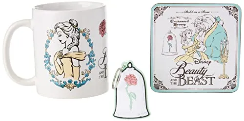Die Schöne und das Biest Geschenk-Set mit Tasse, Untersetzer und Schlüsselanhänger in Geschenkbox (Die Schöne und das Biest) 325 ml Keramiktasse – Offizieller Merchandise-Artikel