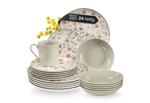 Moritz & Moritz PRIMAVERA 24tlg. Kombiservice - Kombiservice für 6 Personen aus robustem Steinzeug, spülmaschinen- und mikrowellengeeignet – mit modernem Blumenmuster für stilvolle Frühstücksmomente.