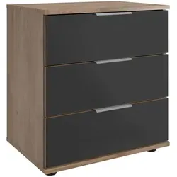 Mid.you Nachtschrank mit 3 Schubladen, Grau und Eiche - Stylischer Nachttisch (52x58x38 cm) mit 3 Schubladen, ideal für Ihr Schlafzimmer. Die elegante Glasfront und die Alu-Kantengriffe bieten nicht nur Stauraum, sondern setzen auch einen modernen Akzent.