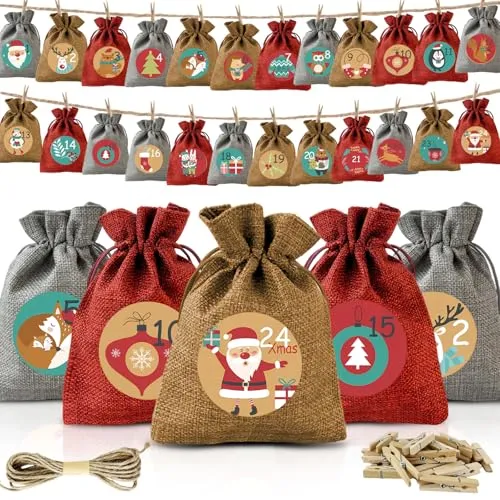 Adventskalender zum Befüllen - 24 Jutesäckchen für Weihnachten 2025 - 24 nachfüllbare Adventskalender aus strapazierfähigem Jute, ideal zum Befüllen mit kleinen Geschenken. Perfekte Weihnachtsdeko für festliche Stimmung und Countdown bis zum Fest.