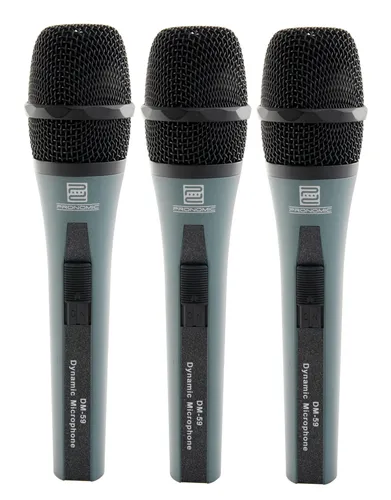 Pronomic DM-59 Mikrofon Set - 3x inklusive Klemme und Koffer - 3 dynamische Mikrofone mit Nierencharakteristik, ideal für Gesang. Inklusive Zubehör wie Klemme, 5m XLR-Kabel und gepolstertem Koffer für sicheren Transport.