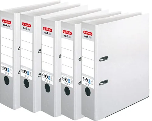 HERLITZ Ordner maX.file nature+ A4 8cm | 5er Sparpack in diversen Farben - Ordner mit hochwertiger Hebelmechanik und extrem hoher Klemmkraft, ideal für die sichere Ablage von A4-Dokumenten. Zertifiziert mit Blauer Engel und FSC.