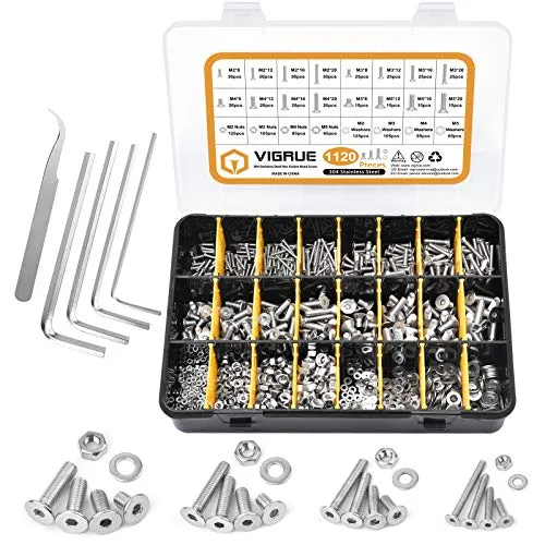 VIGRUE 1120PCS M2 M3 M4 M5 Senkkopfschrauben mit Innensechskant Hex flach-Knopf Schraube Set A2-70Edelstahl Senkkopf Schrauben Muttern und Unterlegscheiben Sortiment mit Schwarz Aufbewahrung Fall Box