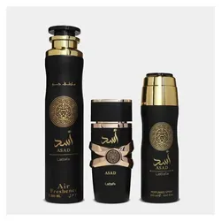 Asad Geschenkset - Lattafa Perfumes - Eau de Parfum Set mit 100 ml Eau de Parfum, 200 ml Deodorant-Spray und 200 ml Raumdeodorant, vereint orientalische Eleganz und maskuline Raffinesse für den modernen Mann.