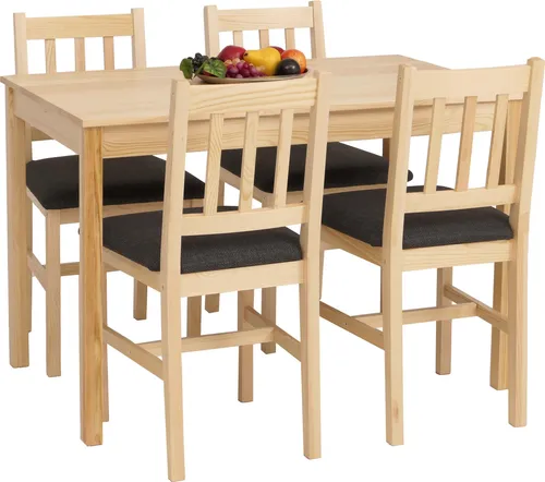 Esszimmer-Set MCW-F77 - Massivholz Kiefer Sitzgruppe im Landhausstil - Stilvolles Esszimmer-Set mit 4 Stühlen und Tisch aus massivem Kiefernholz. Bequeme Polsterung und pflegeleichte Oberfläche für gemütliche Stunden. Perfekt für kleine Räume!