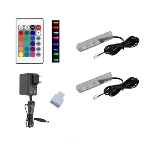 QLS LED RGB Glaskantenbeleuchtung 2er Set mit Fernbedienung - LED Streifen für elegante Glaskantenbeleuchtung, 16 Farben wählbar, dimmbar und ideal für Vitrinen oder Ausstellungsregale.