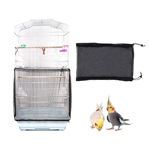 TSHAOUN Vogelkäfig Abdeckung Mesh Seed Catcher für Vogelfutter Kleintiere, Vogelkäfig Schutznetz Mesh Rock mit Verstellbaren Kordelzug, Käfigabdeckung Belüftet für Vogelfutter Kleintiere(L, Schwarz)