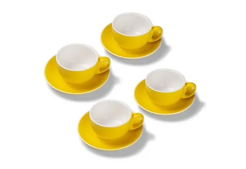 Tasse 4er Milchkaffeetassen-Set, Gelb matt 350 ml mit Untertasse, Porzellan, spülmaschinenfest,extra dickwandig