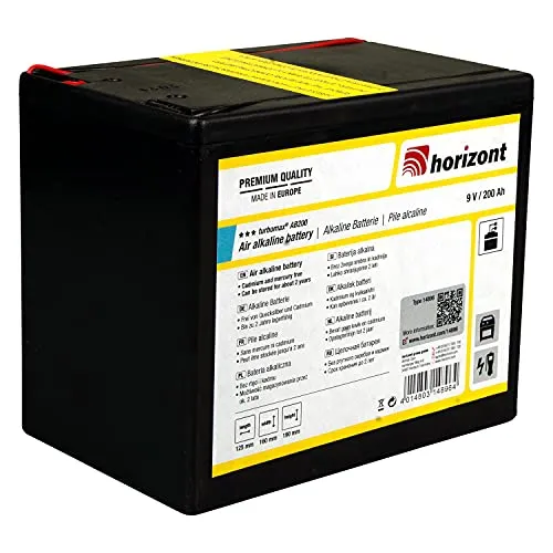 horizont turbomax AB200 Weidezaunbatterie 9 Volt, Alkaline Weidezaun Batterie 200 Ah, für Weidezaungeräte 9 Volt, hoher Spannungsverlauf über gesamte Lebensdauer