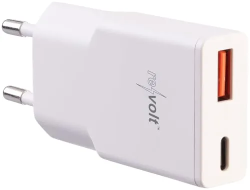 revolt USB-Netzteil Schnell: Ultrakompaktes USB-A/C-Netzteil, Power Delivery bis 20 Watt, 3 A, weiß (Schnelladegerät, Netz-Lader, Adapter)