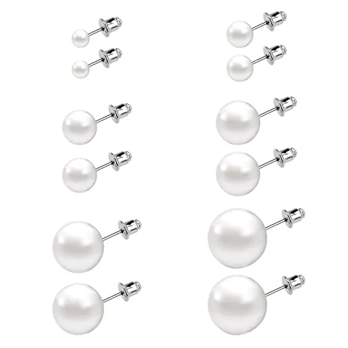 TDDL 6 Paare Ohrstecker Perlen Perlenohrringe Set 4/6/8/10/12/14mm Edelstahl Weiß Imitation Perlen Kugel Elegant Ohrringe (12 Stück)