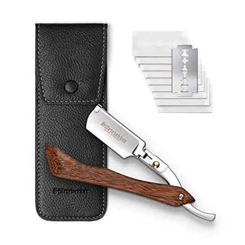 Störtebekker® Premium Rasiermesser Set mit Holzgriff - Handrasurset für Herren, ideal für präzise Bartkonturen mit weniger Hautirritationen, inkl. 10 Klingen und Alaunstift für sanfte Nassrasur im edlen Lederetui.