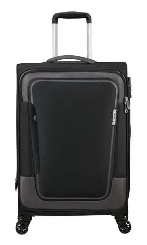 American Tourister Pulsonic - Erweiterbarer Spinner M Koffer 68 cm, 64-74 L, Schwarz, ideal für einwöchige Reisen mit leichtem Handling und sicherer TSA-Kombination