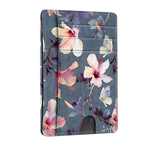 FINTIE Flache Geldbörse Kartenetui, Premium Kunstleder RFID-Blocker Slim Geldbeutel Kreditkartenetui mit ID-Fenster und Schnellzugriff-Fach für Herren Damen, Blühender Hibiskus