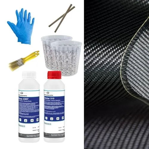 DD Composite Carbon Komplett-Set 1,0m² - Epoxidkleber für individuelle Designs - Hochwertiges Epoxidharz und Carbongewebe für einzigartige Optik und einfache Verarbeitung. Ideal für Fahrzeugbau, Modellbau und mehr.