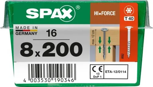 SPAX Hi.force Schrauben 8x200 mm, 16 Stück, Teilgewinde - Zuverlässige SPAX Hi.force Schrauben für den Holzbau. Mit Teilgewinde und Tellerkopf für kraftvolle, fugenlose Verbindungen. Einfache Montage ohne Vorbohren dank 4CUT-Spitze.