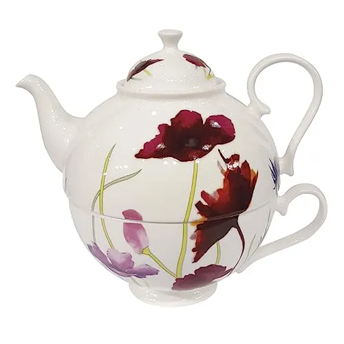 Jameson & Tailor Tea for One Brillantporzellan Mohnwiese - Teekanne für eine Person aus elegantem Brillantporzellan, ideal für entspannende Teepausen. Ergonomischer Griff für sicheren Halt und vielseitig für verschiedene Teesorten.