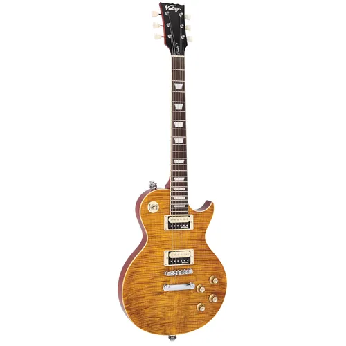 Vintage Reissued V100AFD Flamed Amber E-Gitarre - Gitarren mit hochwertiger Wilkinson Hardware, massiven Mahagonikorpus und Riegelahorndecke für einen herausragenden Sound und flexibles Spielgefühl.