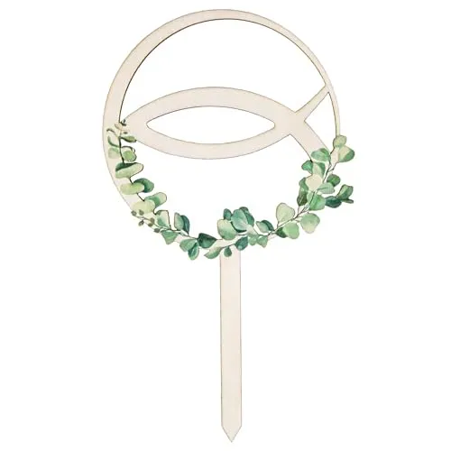 Cake Topper Fisch: Tortendeko Taufe, Kommunion, Firmung, Caketopper aus Holz, Tortenstecker Eukalyptus, Kuchendeko für Junge & Mädchen, Tortentopper, Kuchedekor, Deko Kuchen & Torten, Grün, 20 x 12 cm